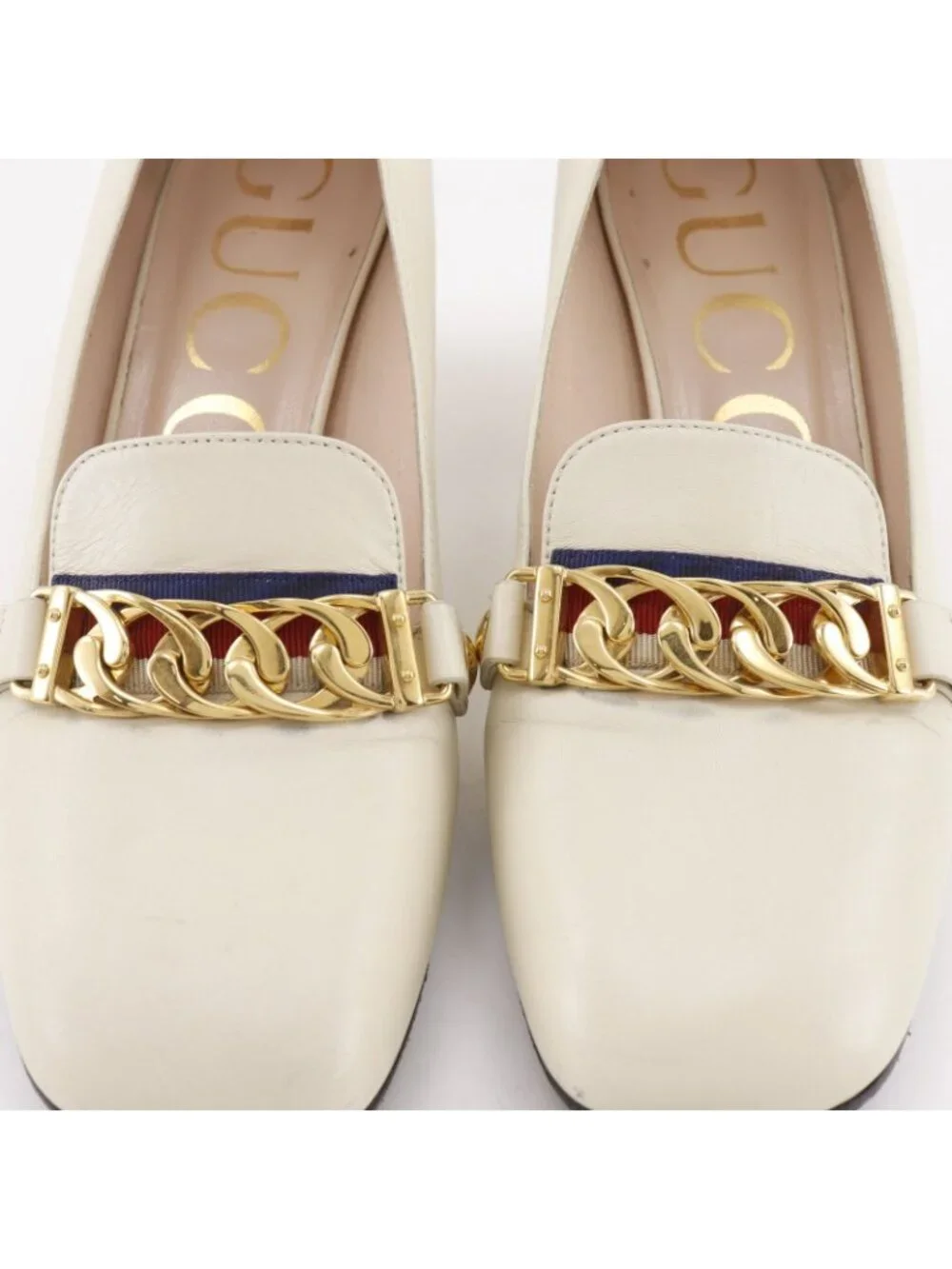 Gucci Sylvie Sherry Line Chain Leather Ivory Pumps Heel